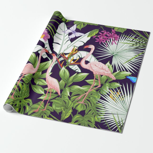 Papel De Presente Padrão sem costura, fundo com flamingo e retrato (Desenrolado)