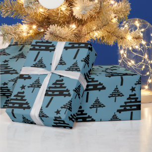 Papel De Presente Padrão Simples de Árvore de Natal Azul Preto Feria