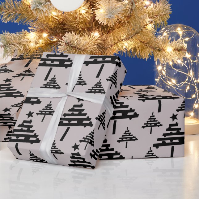 Papel De Presente Padrão Simples de Árvore de Natal Bege Preto Feria (Feriados)