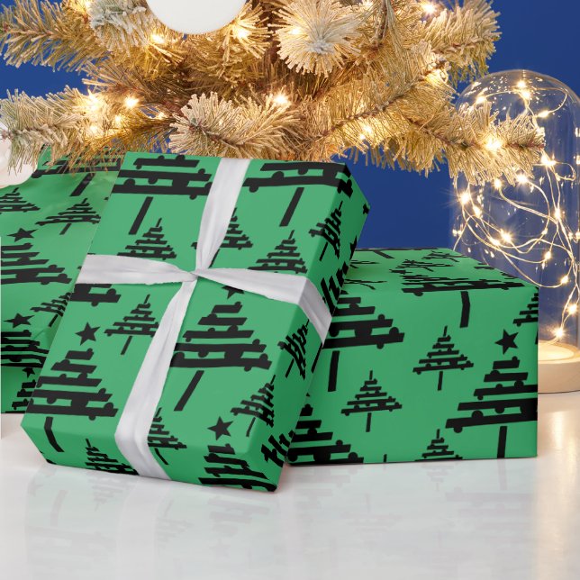 Papel De Presente Padrão Simples de Árvore de Natal Preto Verde Feri (Feriados)
