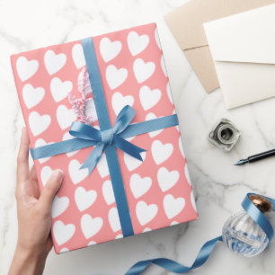 Papel De Presente Padrão Simples de Coração Branco Rosa Feminino