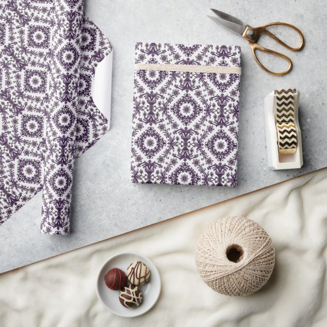 Papel De Presente Padrão sofisticado de Natal Roxo e Prata (Artesanato)
