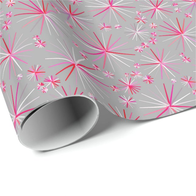 Papel De Presente Padrão Sputnik de meio século, Cinzas e Fuchsia (Ponta do rolo)
