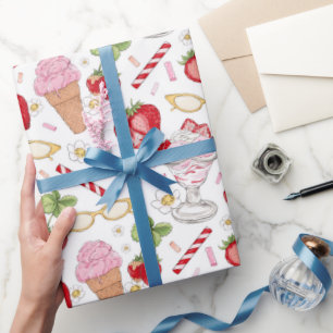 Papel De Presente Padrão Sundae de Morango