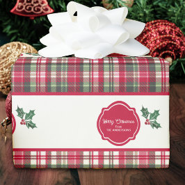 Papel De Presente Padrão tartan e azevinho natal personalizado