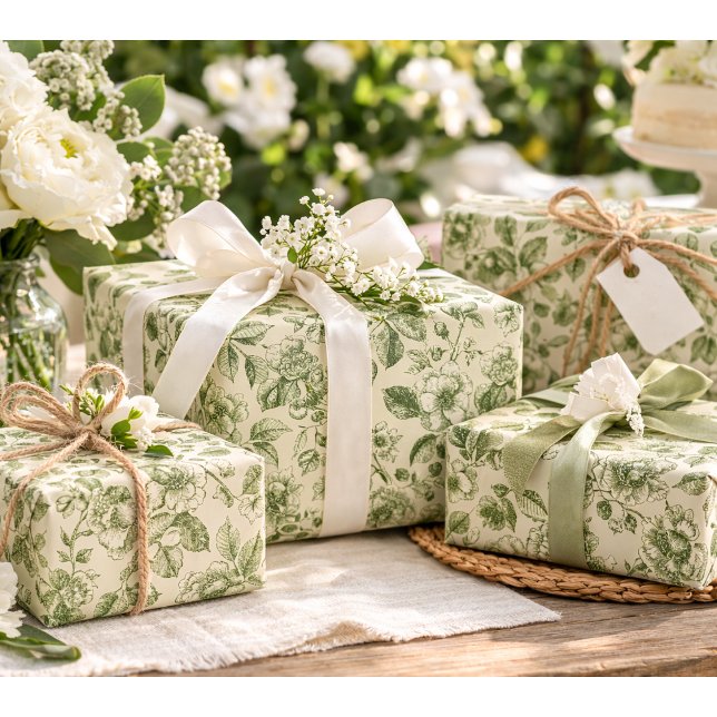 Papel De Presente Padrão Toile Botânico Vintage Verde (Criador carregado)
