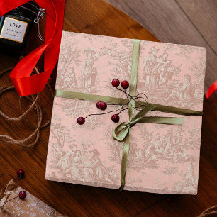Papel De Presente Padrão Toile de Jouy em Rosa Dourado Chic Vintage