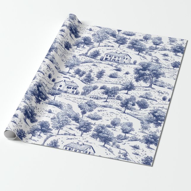 Papel De Presente Padrão Toile do Campo Azul Rústico (Desenrolado)
