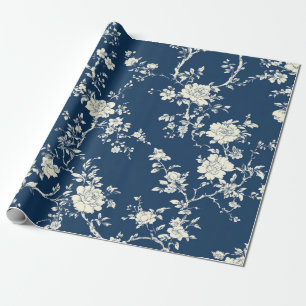 Papel De Presente Padrão Toile Floral Vintage Azul (11)
