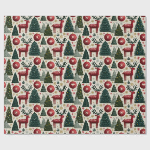 Papel De Presente Padrão Tradicional de Árvore de Natal com Rena
