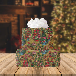 Papel De Presente Padrão tradicional de árvores de Natal decoradas