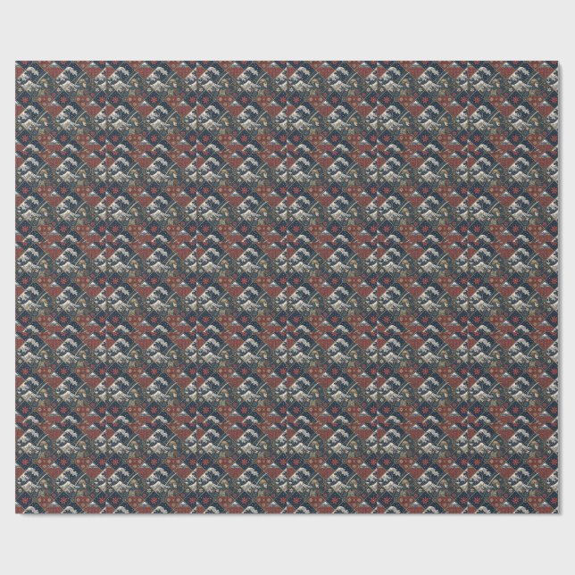 Papel De Presente Padrão Tradicional Japonês Samurai & Grande Onda (Aberto)