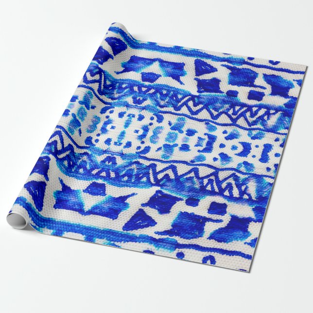 Papel De Presente Padrão tribal de cor aquática azul sem costura (Desenrolado)