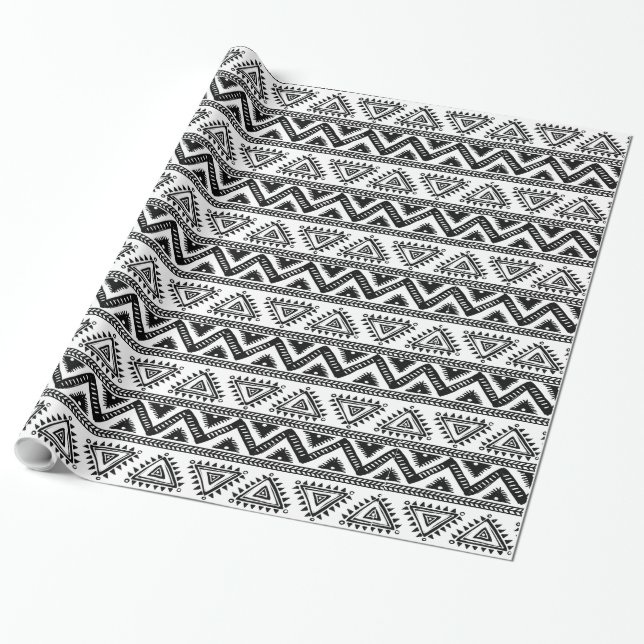 Papel De Presente Padrão Tribal Preto e Branco Elegante (Desenrolado)