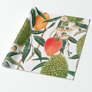Papel De Presente Padrão tropical aquarela, fruta duriana, manga o