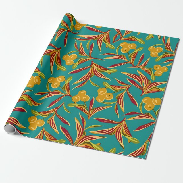Papel De Presente Padrão Tropical com Folhas Vermelhas e Amarelas (Desenrolado)
