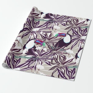 Papel De Presente Padrão tropical com palmeiras e aves.