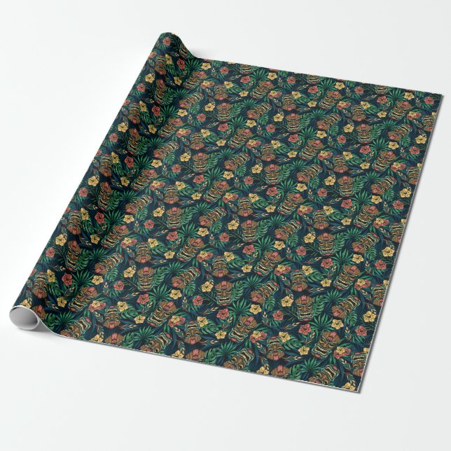 Papel De Presente Padrão Tropical de Máscara de Tiki Havaiano (Desenrolado)