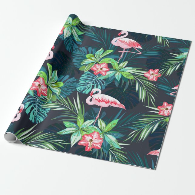 Papel De Presente Padrão tropical de verão sem costura com flamingo  (Desenrolado)