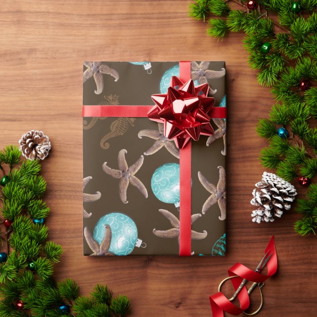 Papel De Presente Padrão Tropical Marinho Natal Castanho (Presente de Natal)