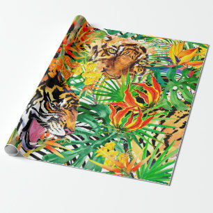 Papel De Presente padrão tropical uniforme com tigre. aquarela j