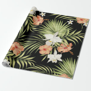 Papel De Presente padrão tropical vegetativo com flores de hibisco e