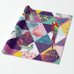 Papel De Presente padrão uniforme com papagaio, tucanos, beija-flor