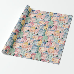Papel De Presente Padrão uniforme de aquarela com casas