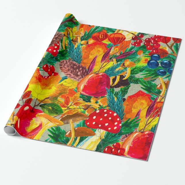 Papel De Presente Padrão uniforme de aquarela de outono com folhas (Desenrolado)