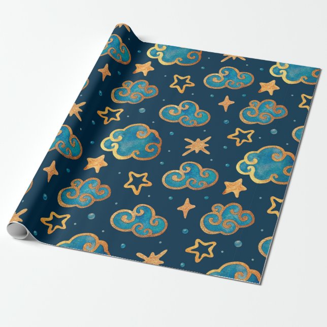 Papel De Presente Padrão uniforme de aquarelas com a lua, estrelas,  (Desenrolado)