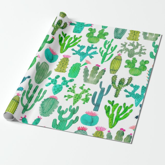 Papel De Presente Padrão uniforme do cacto de aquarela. Cactos backg (Desenrolado)
