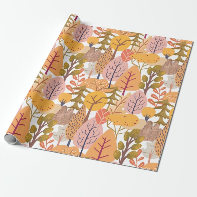 Papel De Presente Padrão uniforme do outono do médio com árvore mult (Desenrolado)