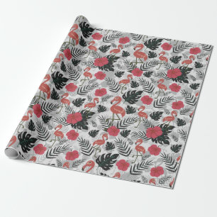 Papel De Presente Padrão uniforme Flamingo com fundo floral