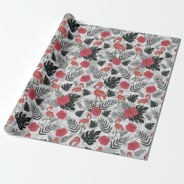 Papel De Presente Padrão uniforme Flamingo com fundo floral (Desenrolado)