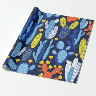 Papel De Presente padrão uniforme vintage com cacto em azul escuro 