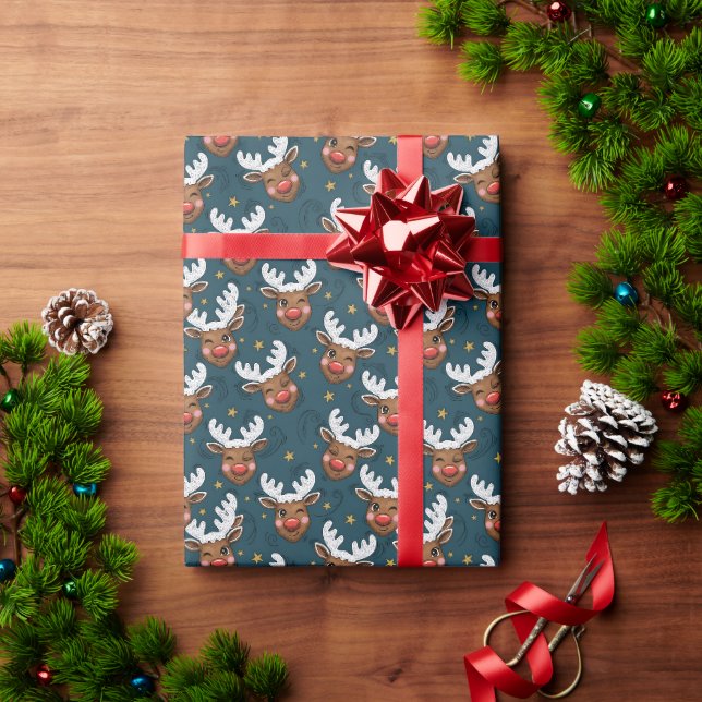 Papel De Presente Padrão Verde-azulado de Rosto de Rena Piscando Esb (Presente de Natal)