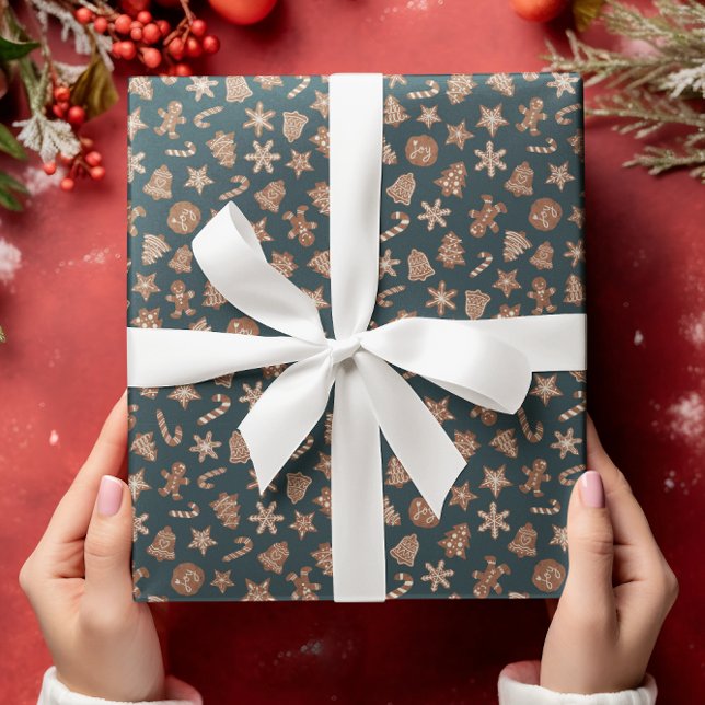 Papel De Presente Padrão Verde de Biscoitos de Natal (Criador carregado)