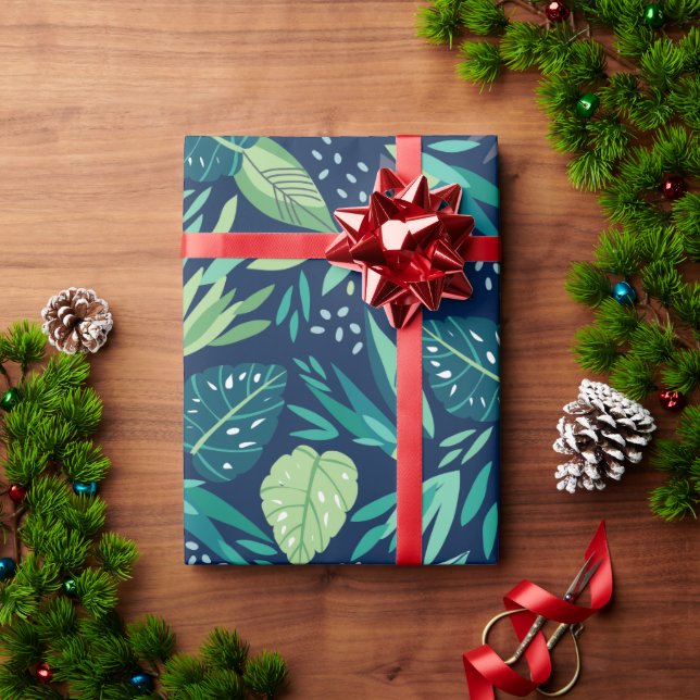 Papel De Presente Padrão Verde De Folha Tropical No Azul (Presente de Natal)