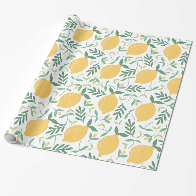 Papel De Presente Padrão Verde de limão moderno Citrus Amarelo de Ve (Desenrolado)