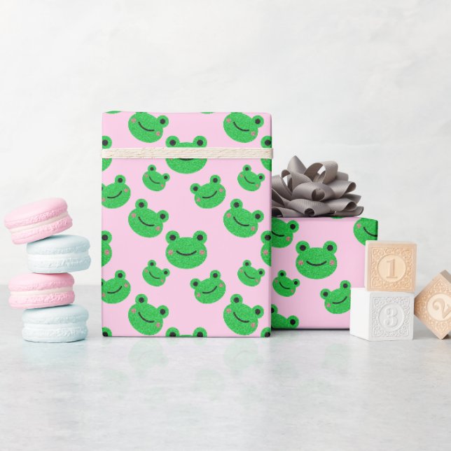 Papel De Presente Padrão Verde de Sapo Bonito Rosa (Chá de bebê)