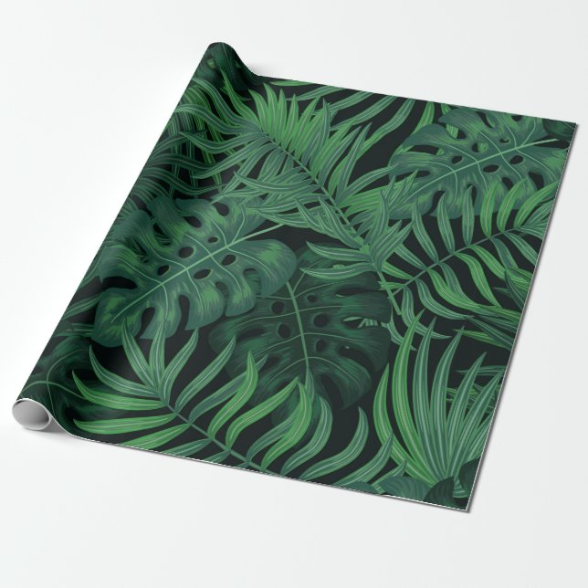 Papel De Presente Padrão verde-noturno tropical sem costura (Desenrolado)