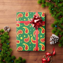 Papel De Presente Padrão verde, vermelho e amarelo de natal Paisley