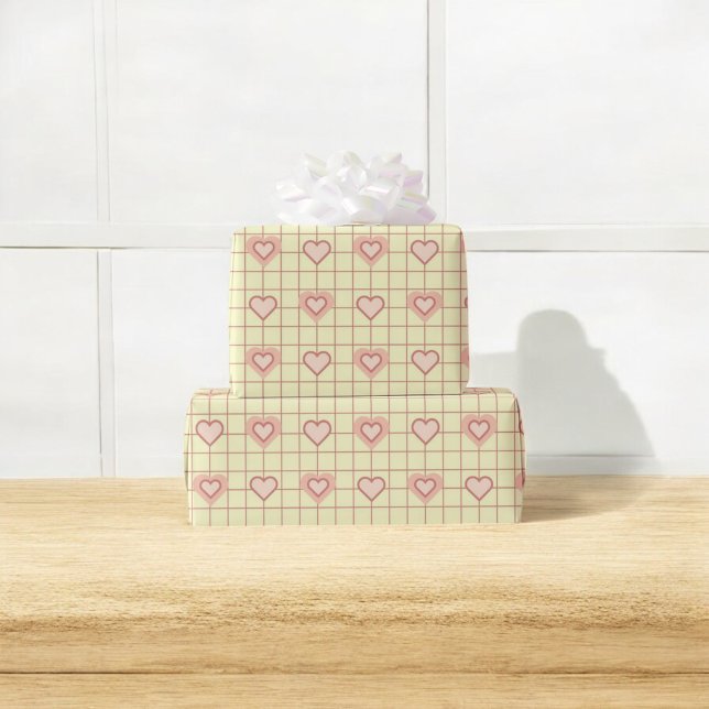 Papel De Presente Padrão Verificado de Creme Cardíaco Rosa-dia de os (Criador carregado)