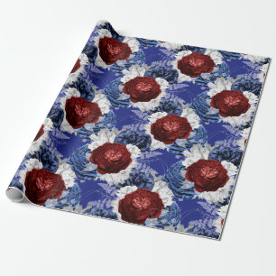 Papel De Presente Padrão vermelho, branco e azul floral EUA