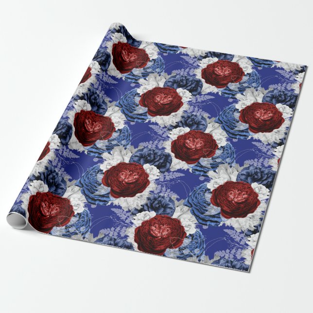 Papel De Presente Padrão vermelho, branco e azul floral EUA (Desenrolado)