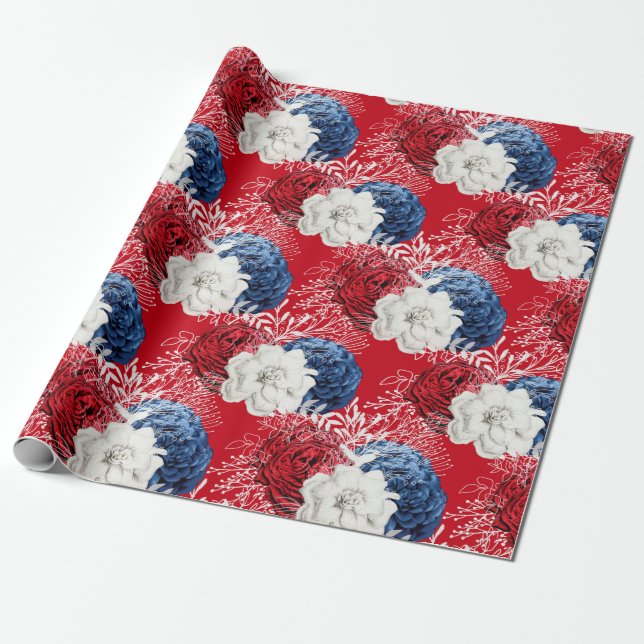 Papel De Presente Padrão vermelho, branco e azul floral EUA (Desenrolado)