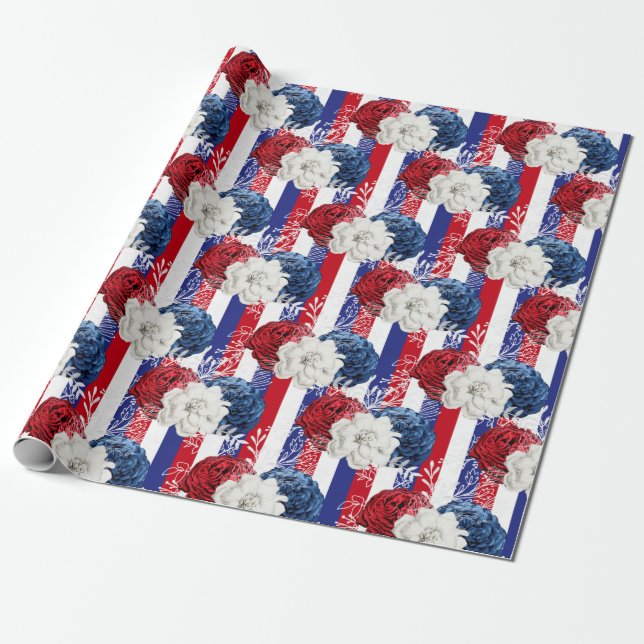 Papel De Presente Padrão vermelho, branco e azul floral EUA (Desenrolado)