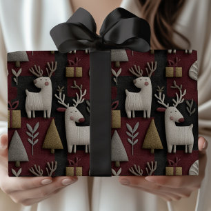 Papel De Presente Padrão Vermelho E Dourado Da Reindeer De Natal Mod