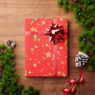 Papel De Presente Padrão vermelho-estrelado moderno do ouro festivo