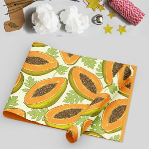 Papel De Presente Padrão Vibrante de Fruta e Folha de Mamão Tropical